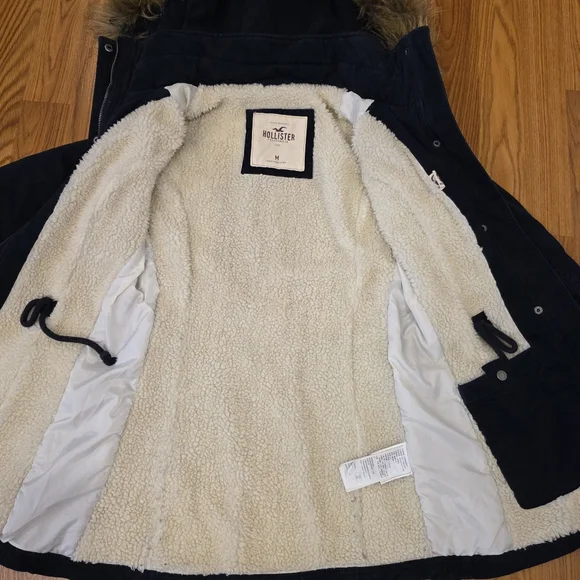 Hollister Y2K Navy Blue Hooded Utility Coat Sherpa Lined Jacket Women's Size M - Picture 14 of 16
